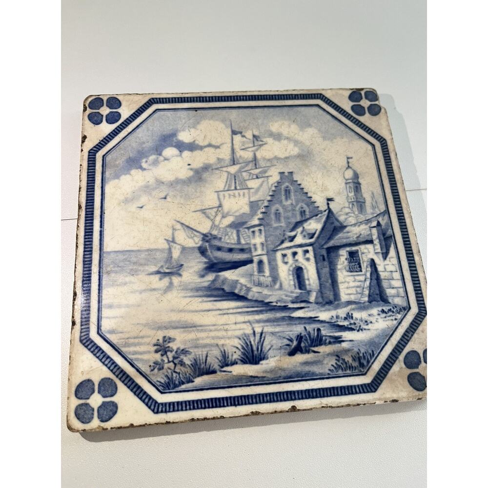 Antique Dutch Delft Hand Painted Blue and White Tile 5.5" House W Sailboat Ship